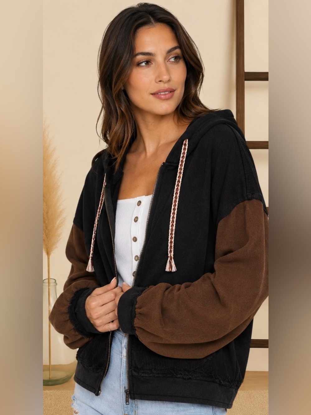 POL Black & Brown Color Block Zip Up Hoodie Jacket | Boho Artistic Drawstrings